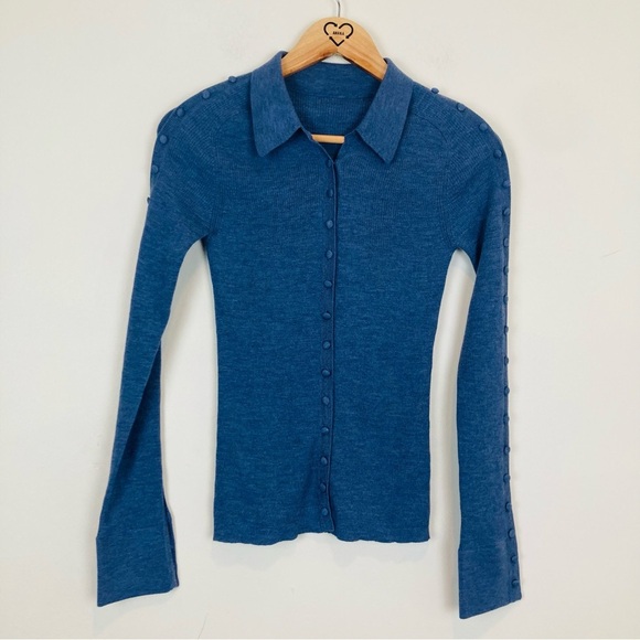 Altuzarra dusty blue button front polo collar wool and cashmere sweater. Small - Picture 1 of 6